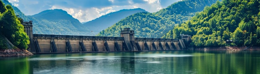 Nature's Fusion: Hydroelectric Dam in Art Nouveau Style Amidst Lush Pastel Greenery