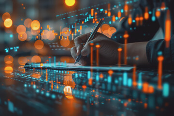 Digital businessman hand drawing growth graphs and financial data with hologram charts.