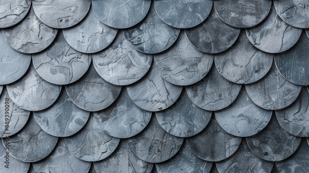 Poster an arrangement of concrete mosaic fish scale tiles arranged to create a wall. 3d, semigloss blocks s