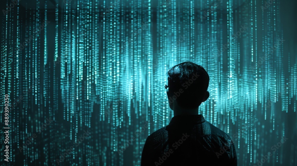 Poster A person stands in silhouette, looking at a wall of cascading digital code. The code appears as blue and green lines and dots.