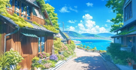 A neighborhood in rural Japan, outdoor streets with houses, green and nature scenery, scenic view, anime artwork
