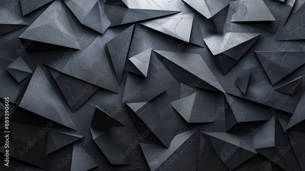 Poster a triangular, black background made from polished blocks is formed by 3d tiles arranged in a futuris