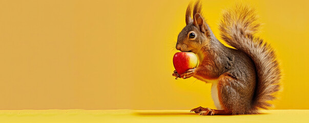 A cheerful squirrel with a candy apple, sitting against a soft yellow backdrop. The squirrel's tail is bushy, and the candy apple looks sweet and crunchy.