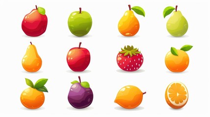 Set of 9 modern, stylized cartoon fruit icons arranged symmetrically on white background