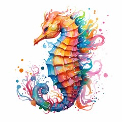 Obraz premium Colorful watercolor painting of a vibrant orange and blue seahorse with flowing tail