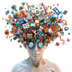 Social media addiction, with a 3D rendering head bursting open from the pressure of excessive information.information illustrated by brain exploding .