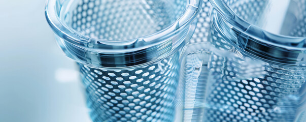 A close-up of a high-tech water filter cartridge, showing the intricate mesh and layers designed to purify water, set against a clean, minimalist background.