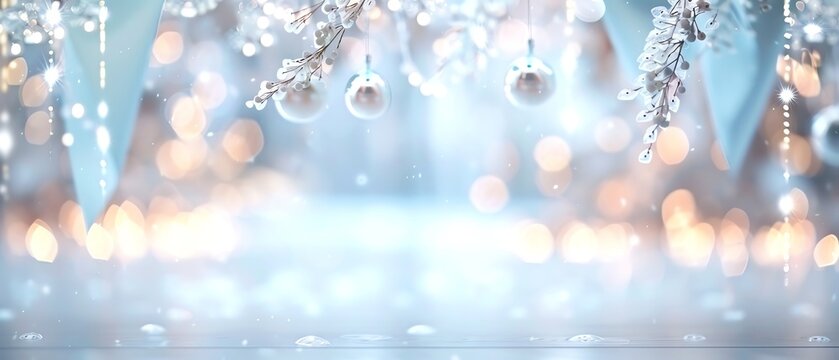 Abstract festive background with bokeh lights and ornaments.