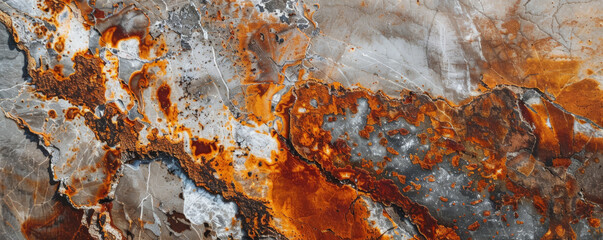 Fototapeta premium A close-up view of a surface where rust and marble textures meet, with the rust forming intricate patterns over the smooth marble. The combination of organic decay and refined stone adds a unique aged