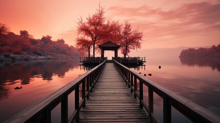 Fototapeta premium Serene Wooden Pier Landscape Scene on Transparent Background 