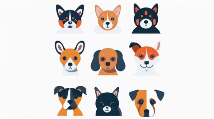 Fototapeta premium Set of 9 sleek, modern pet icons arranged symmetrically on white background