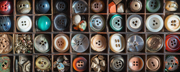 A collection of different types of buttons displayed in a glass jar. The assortment includes various colors, sizes, and designs, each button highlighting its unique appearance and texture.