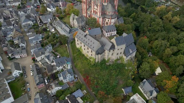 Aerial view of historical architecture and autumn foliage in old town Limburg an der Lahn, Germany.