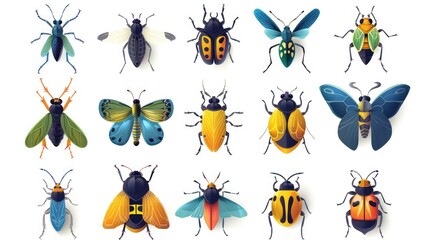 Set of 9 stylized insect icons, modern and symmetrically arranged on white background