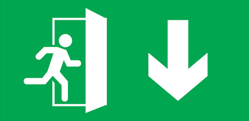 Emergency exit sign, running man icon to door, green color, arrow vector, warning sign plate warning emergency sign isolated background