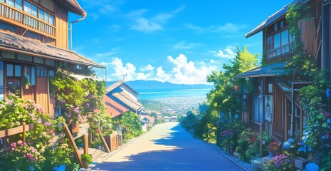 A neighborhood in rural Japan, outdoor streets with houses, green and nature scenery, scenic view, anime artwork