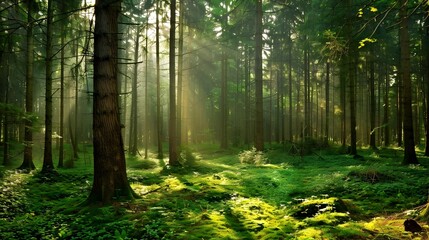 Obraz premium Enchanting Sunlit Forest with Lush Greenery and Peaceful Ambiance
