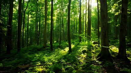 Obraz premium Majestic Forest Landscape with Lush Greenery and Sunlit Pathways