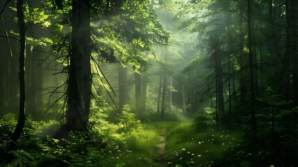 Enchanting Forest Path Shrouded in Lush Foliage and Misty Ambiance