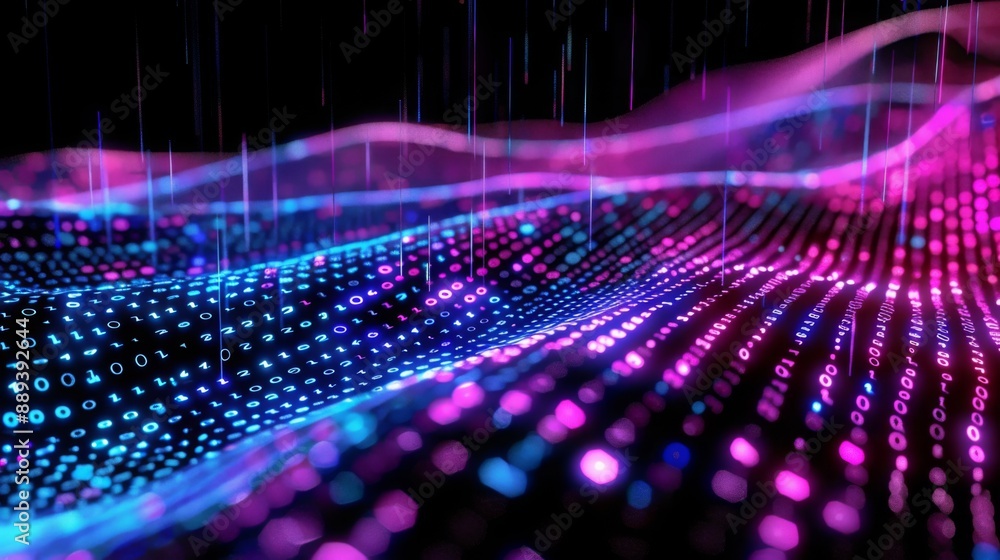 Poster A digital data flow is represented by a wavy surface with binary code. The surface is illuminated by pink and blue lights, making the scene look like a futuristic landscape.