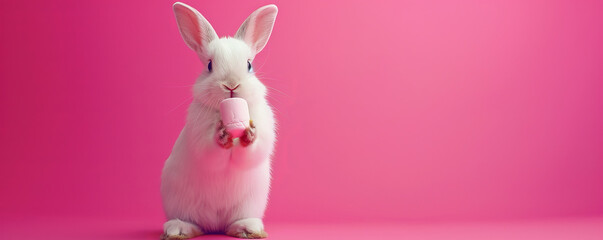 Obraz premium A cute bunny holding a marshmallow, standing against a bright pink backdrop. The bunny's ears are perked, and the marshmallow looks soft and fluffy.