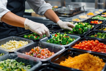 Obraz premium A person prepares food in plastic containers in a kitchen setting, suitable for stock photography related to meal preparation or cooking concepts
