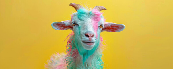 A cute goat with wool in neon shades of pink, green, and blue, standing against a pastel yellow backdrop. The bright wool colors create a playful contrast with the soft background.