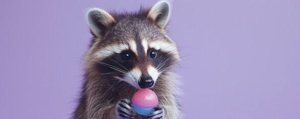 Obraz premium A cute raccoon holding a jellybean, sitting against a pastel purple backdrop. The raccoon's fur is fluffy, and the jellybean looks fun and colorful.
