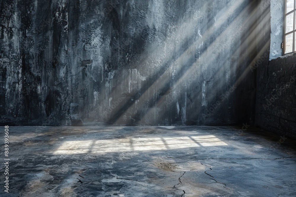 Poster sunlight streams through a window illuminating a dark room with a concrete floor
