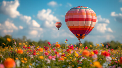 Fototapeta premium A vibrant meadow bursting with wildflowers, a gentle breeze swaying the tall grasses, and a whimsical, vintage hot air balloon hovering in the distance.