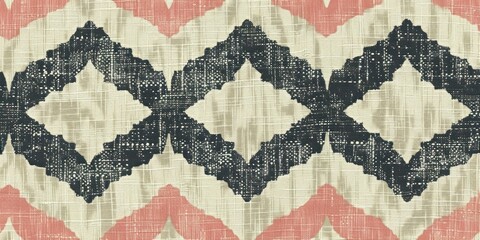 A close-up of fabric with a repeating geometric pattern in black, white, and pink