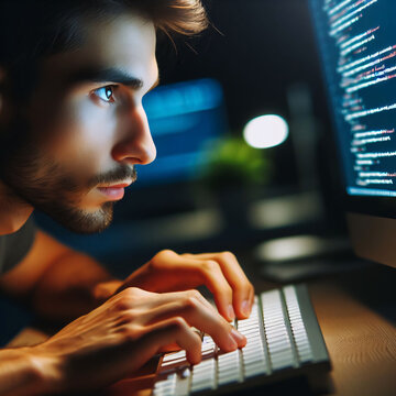 A man is typing on a computer keyboard in a dimly lit room. He is focused on his work and he is in a serious mood