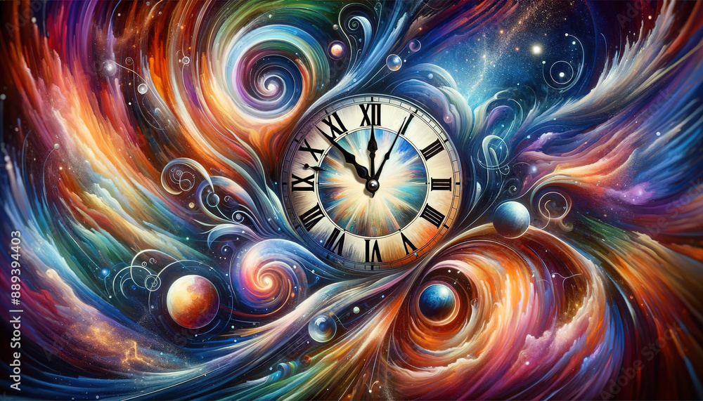 Poster abstract composition with a clock and multicolored lines with curls