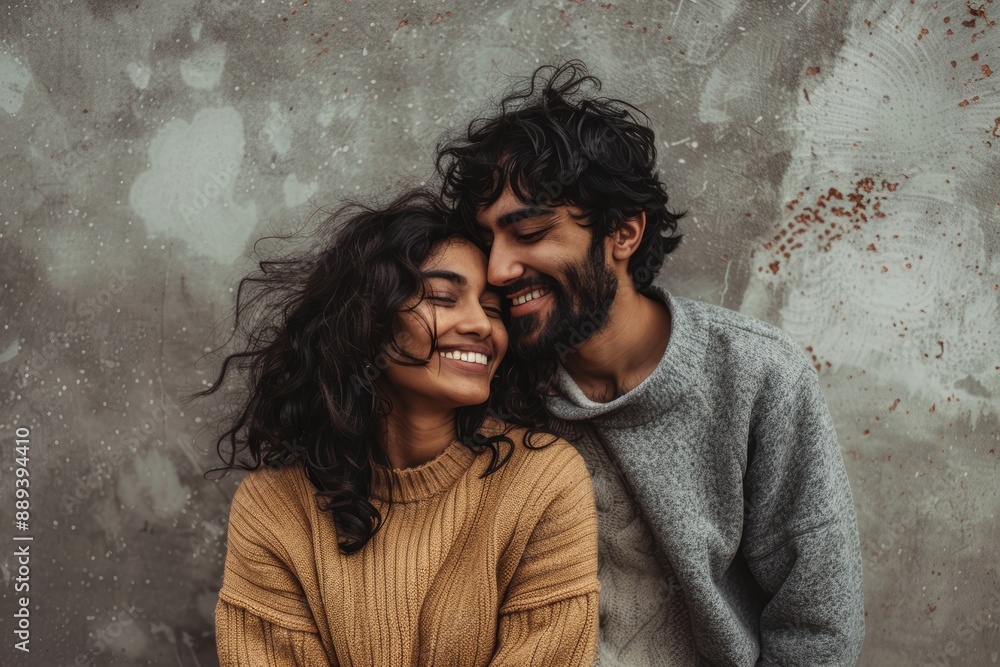 Wall mural Portrait of a joyful indian couple in their 30s dressed in a comfy fleece pullover over bare concrete or plaster wall