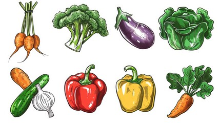 Set of 9 stylized vegetable sketch icons, modern and symmetrically arranged on white background