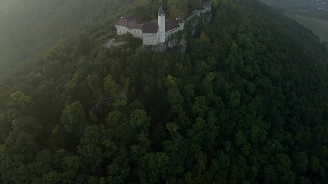 Aerial view of Castle and Mountain in Sunrise, Burg Teck, Baden-Wurttemberg, Germany.