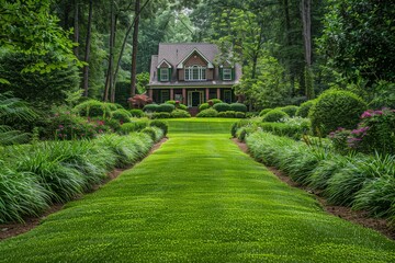 Beautiful large garden in North Carolina woods with lush grass, ornamental trees and shrubs, inviting walkway to a home, ideal for landscaping marketing.