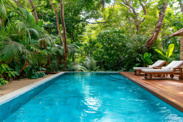 Luxurious outdoor pool surrounded by tropical greenery, with wooden deck and lounge chairs, creating a serene retreat.