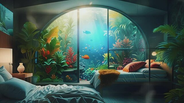 aquarium decoration bedroom, 4K seamless looping virtual video animation background