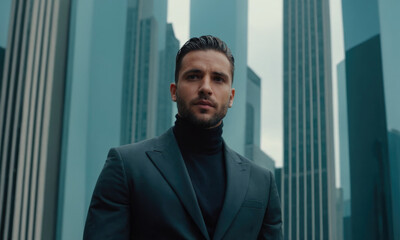 Fototapeta premium A sophisticated image of a stylish man in a suit standing among skyscrapers. His confident stance and modern attire reflect urban sophistication and the contemporary lifestyle, creating a powerful vis