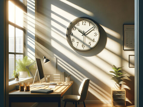 The large clock on the wall in the work room with the computer shows ten o'clock in the morning