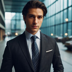 Fototapeta premium A confident young businessman in a dark suit stands in a glass-walled modern office interior, looking directly at the camera, conveying determination and professionalism.