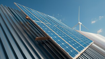 Obraz premium Showcase sustainable building projects integrating renewable energy solutions like solar and wind power in Micro Stock. Height Resolution Photo, , Minimalism,
