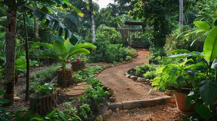 garden with a permaculture design, with plants and growing techniques that promote biodiversity generative ai