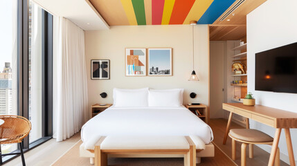 Comfortable hotel room with colorful interior ornament for elegant impression