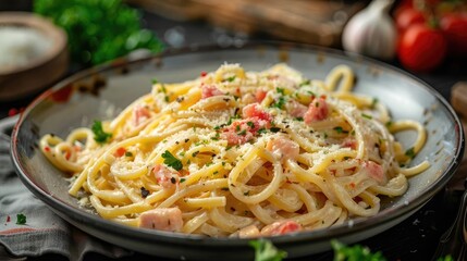 Close-up of creamy pasta carbonara served on a rustic plate with fresh herbs, garlic, and tomatoes in the background.