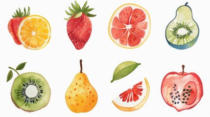 Symmetrical arrangement of 9 modern stylized fruit painting icons on a white background