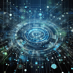 Fototapeta premium A digital futuristic artwork featuring a complex circuit design with concentric circles and technical elements, representing advanced technology and connectivity in a high-tech visual.