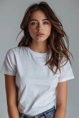 Fototapeta premium White tshirt mockup on woman model created with Generative AI