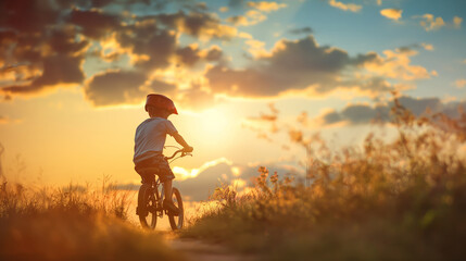 Fototapeta premium A child rides a bicycle along a dirt road in a field.